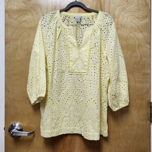 Chico's Size 4 XXL 20-22 Eyelet Tunic blouse top V-neck EUC Yellow